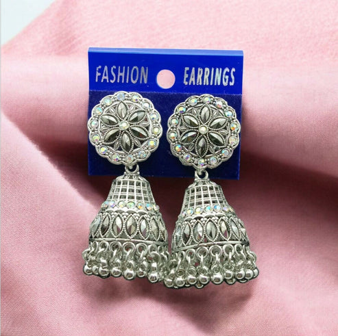 Stylish Silver Tone Jhumka Earrings NVR-0010