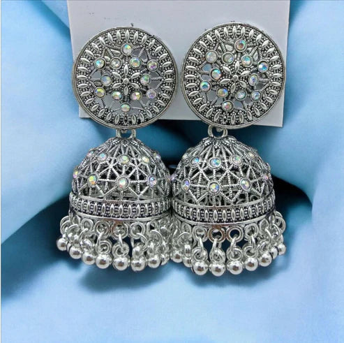 Silver Tone Jhumka Earrings NVR-0016