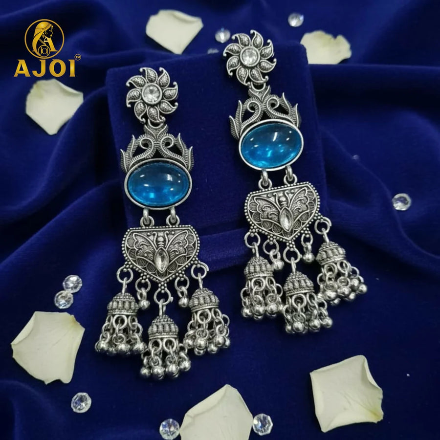 Antique Silver Blue Dangle Earrings NVR-0084