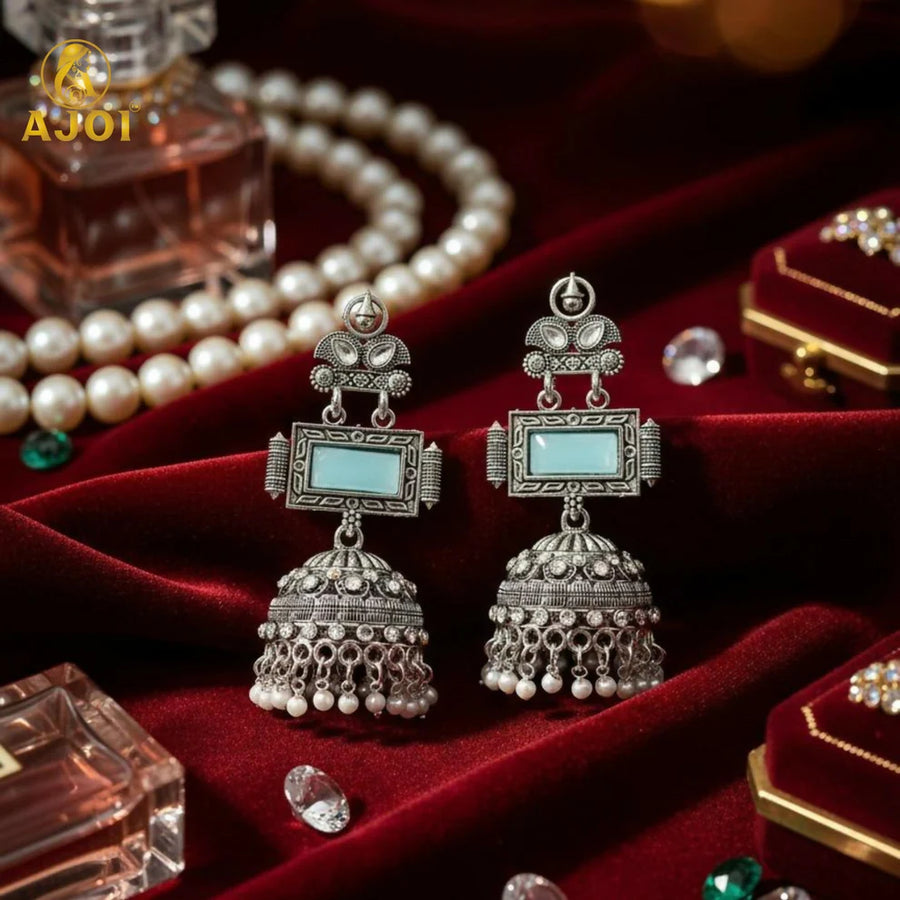 Turquoise Silver Jhumka Earrings NVR-0087
