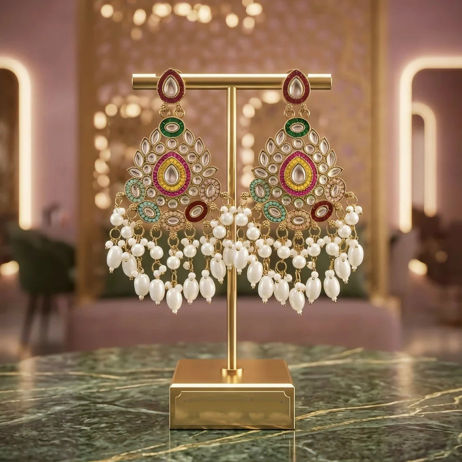 The Durbar Chandbali — Meenakari & Polki with Pearl Rain NVR-0530