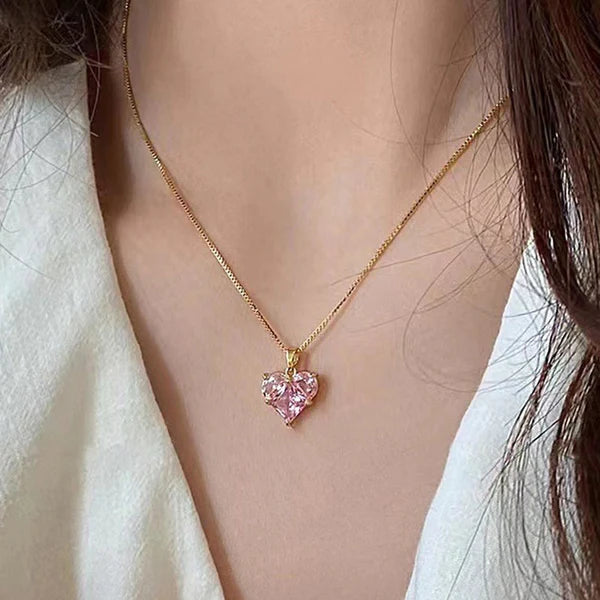 Rose in Crystal — Pink Heart Solitaire Necklace NVR-0537