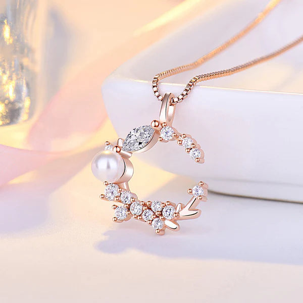 Moonlit Garden — Rose Gold Pearl & CZ Crescent Necklace NVR-0542