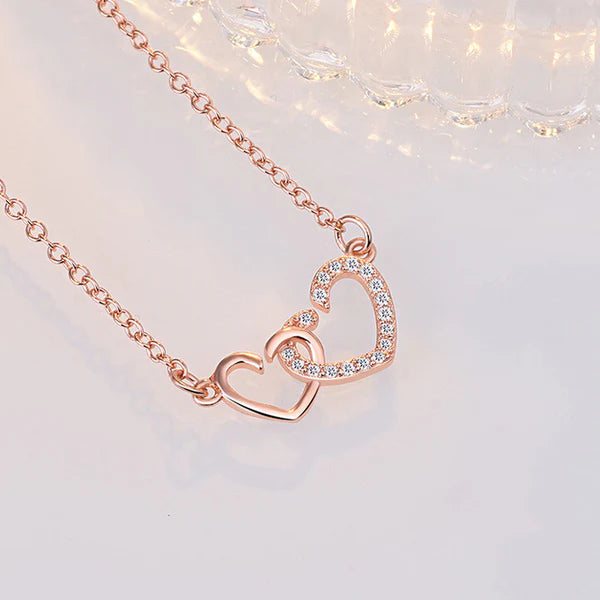Two of Us — Rose Gold Double Heart Necklace with CZ NVR-0544