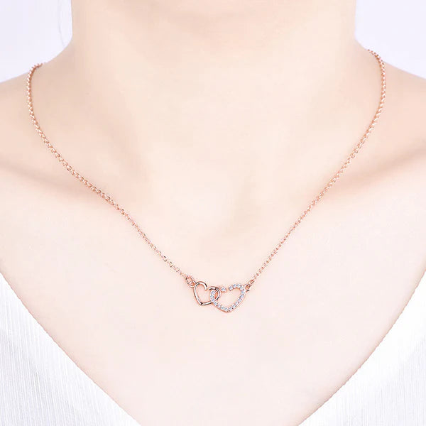 Two of Us — Rose Gold Double Heart Necklace with CZ NVR-0544