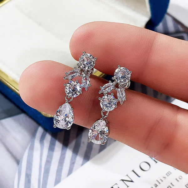 The Cascade — Silver CZ Leaf & Teardrop Drop Earrings NVR-0550