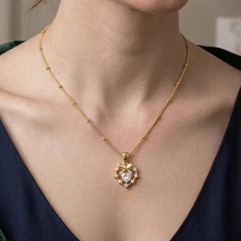Gold Bow & Heart Garland Necklace NVR-0482