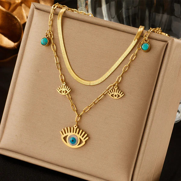 Moonlit & Protected Evil Eye Charm Layered Necklace NVR-0497