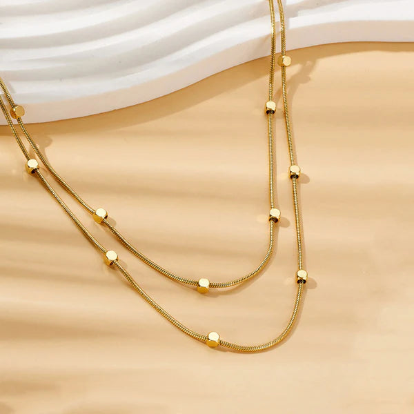 Golden Silence Double Layer Snake & Bead Chain Necklace NVR-0499