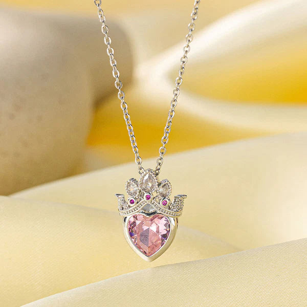 Her Crown, Her Heart — Silver Pink Crystal Crown Heart Necklace NVR-0501