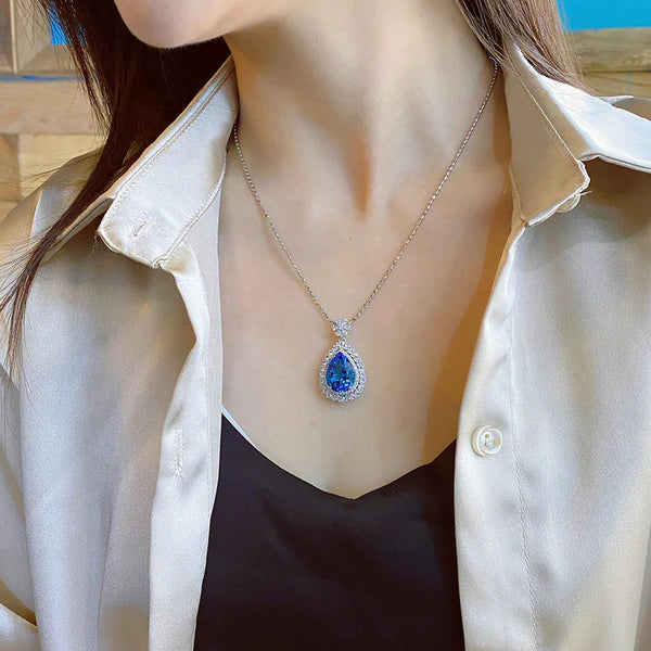 Snow White's Royal Blue Teardrop Halo Necklace NVR-0506
