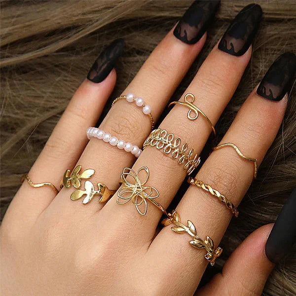Garden of Gold — Butterfly Leaf & Pearl Stack Ring Set NVR-0514