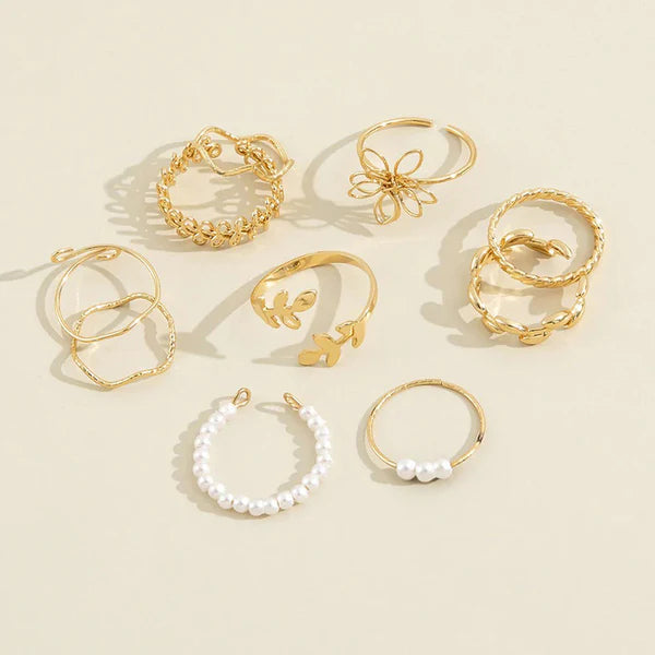 Garden of Gold — Butterfly Leaf & Pearl Stack Ring Set NVR-0514