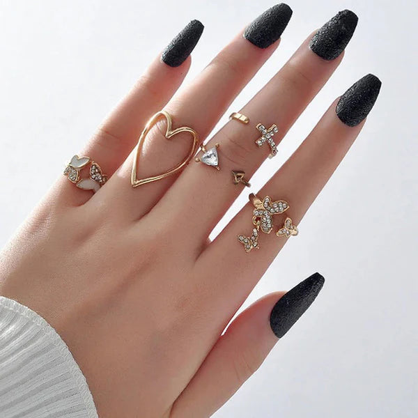 Love Faith Wings — Gold Cross Heart & Butterfly Ring Set NVR-0515