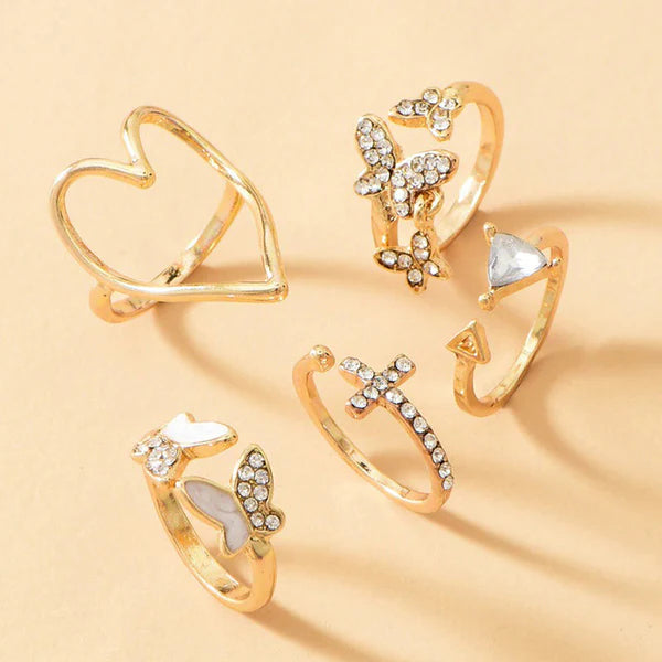 Love Faith Wings — Gold Cross Heart & Butterfly Ring Set NVR-0515