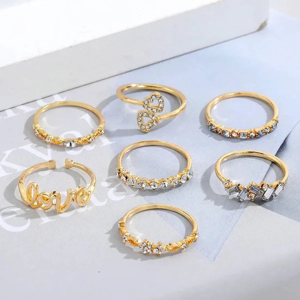 Written in Gold — Love Script & Crystal Stack Ring Set NVR-0518