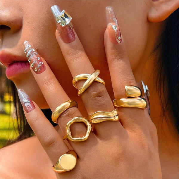 Poured in Gold — Molten Chunky Statement Ring Set NVR-0521