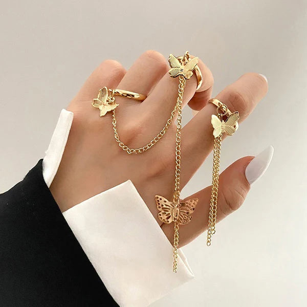 Free Like a Butterfly — Gold Chain Connected Butterfly Ring Set NVR-0525