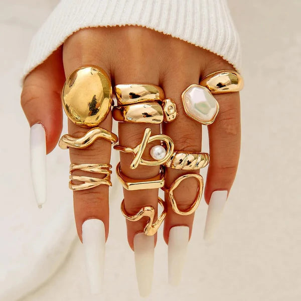 Liquid Gold Dreams — Molten Pearl & Wave Sculptural Ring Set NVR-0528
