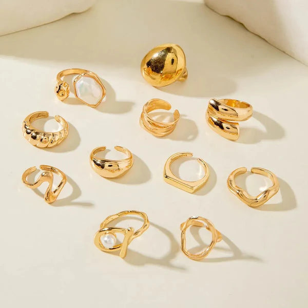 Liquid Gold Dreams — Molten Pearl & Wave Sculptural Ring Set NVR-0528