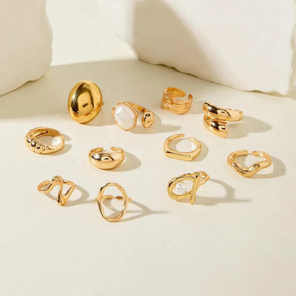 Liquid Gold Dreams — Molten Pearl & Wave Sculptural Ring Set NVR-0528