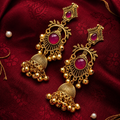 Antique Gold Ruby Chandbali Jhumka Earrings with Ghungroo Drops NVR-0576