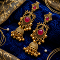Antique Gold Ruby Chandbali Jhumka Earrings with Ghungroo Drops NVR-0576