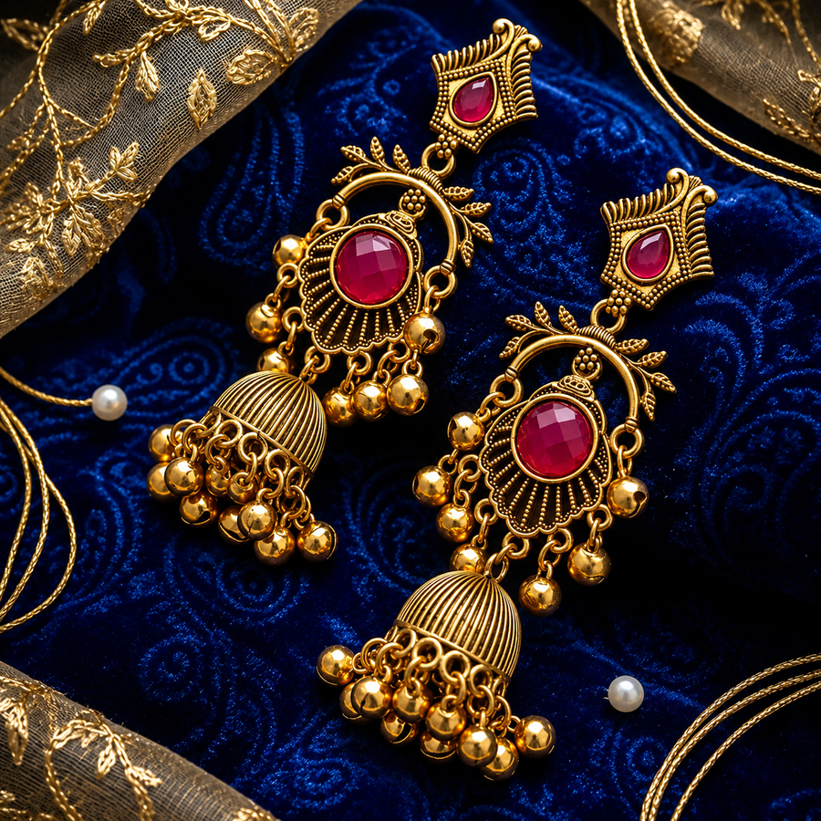 Antique Gold Ruby Chandbali Jhumka Earrings with Ghungroo Drops NVR-0576