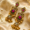 Antique Gold Ruby Chandbali Jhumka Earrings with Ghungroo Drops NVR-0576