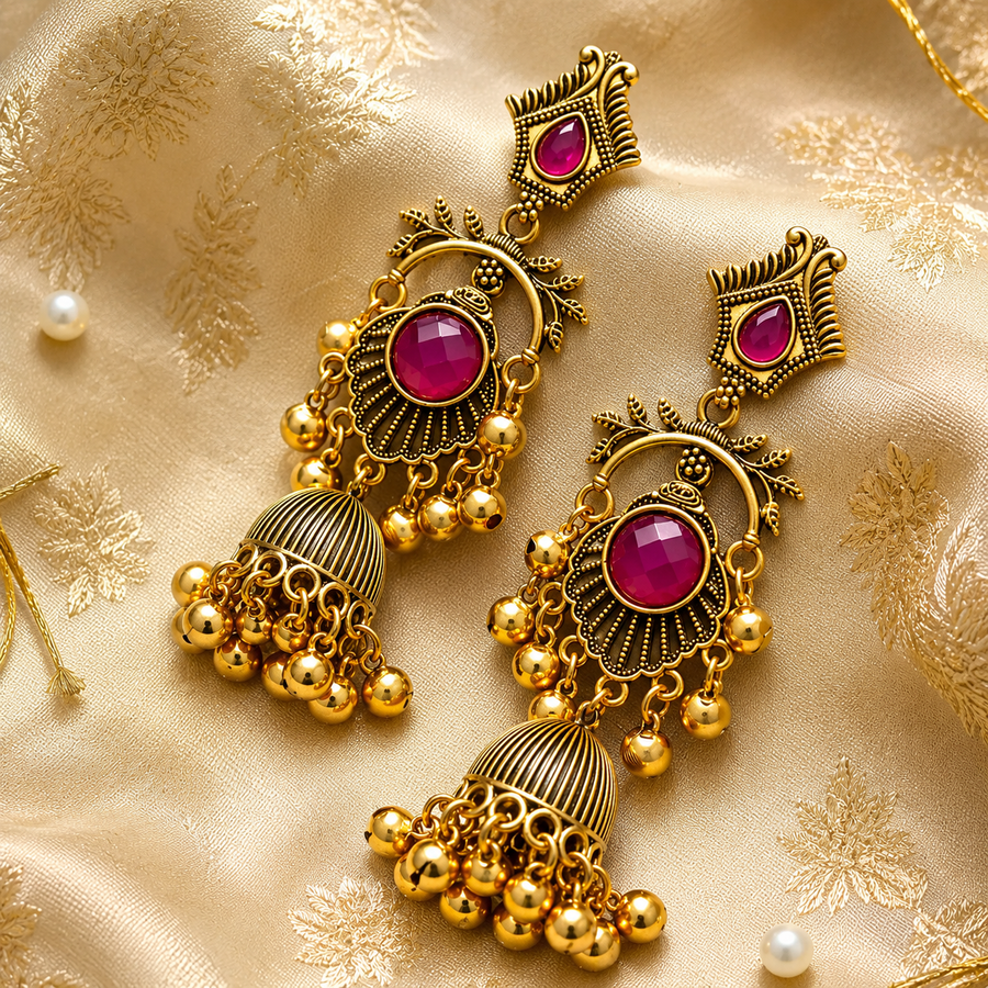 Antique Gold Ruby Chandbali Jhumka Earrings with Ghungroo Drops NVR-0576