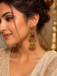 Antique Gold Ruby Chandbali Jhumka Earrings with Ghungroo Drops NVR-0576