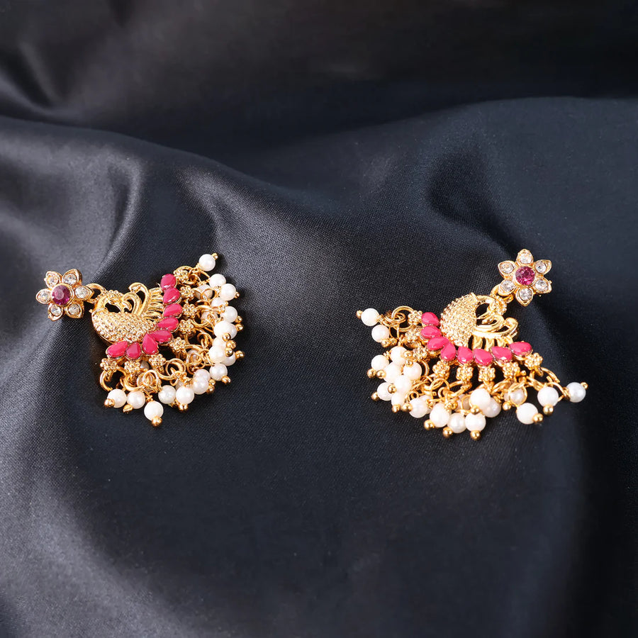 Gold Plated Pearl & Stone Earrings NVR-0038