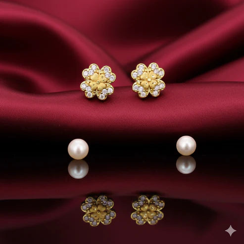 Floral Gold and Pearl Stud Earrings NVR-0055