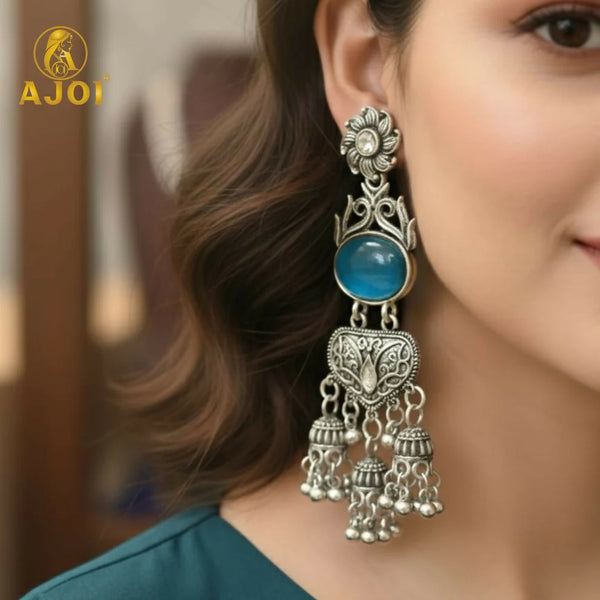 Antique Silver Blue Dangle Earrings NVR-0084