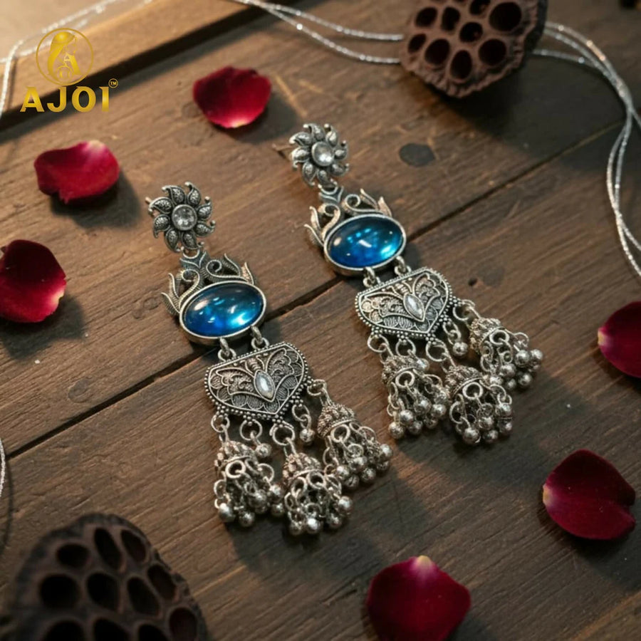 Antique Silver Blue Dangle Earrings NVR-0084