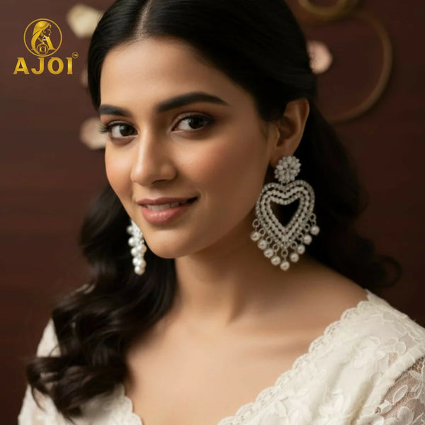 Pearl Embellished Heart Earrings NVR-0086
