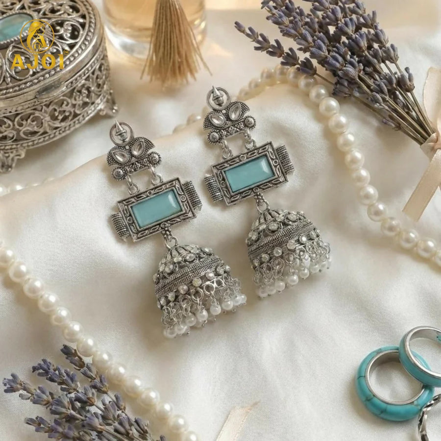 Turquoise Silver Jhumka Earrings NVR-0087