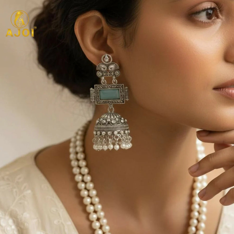 Turquoise Silver Jhumka Earrings NVR-0087