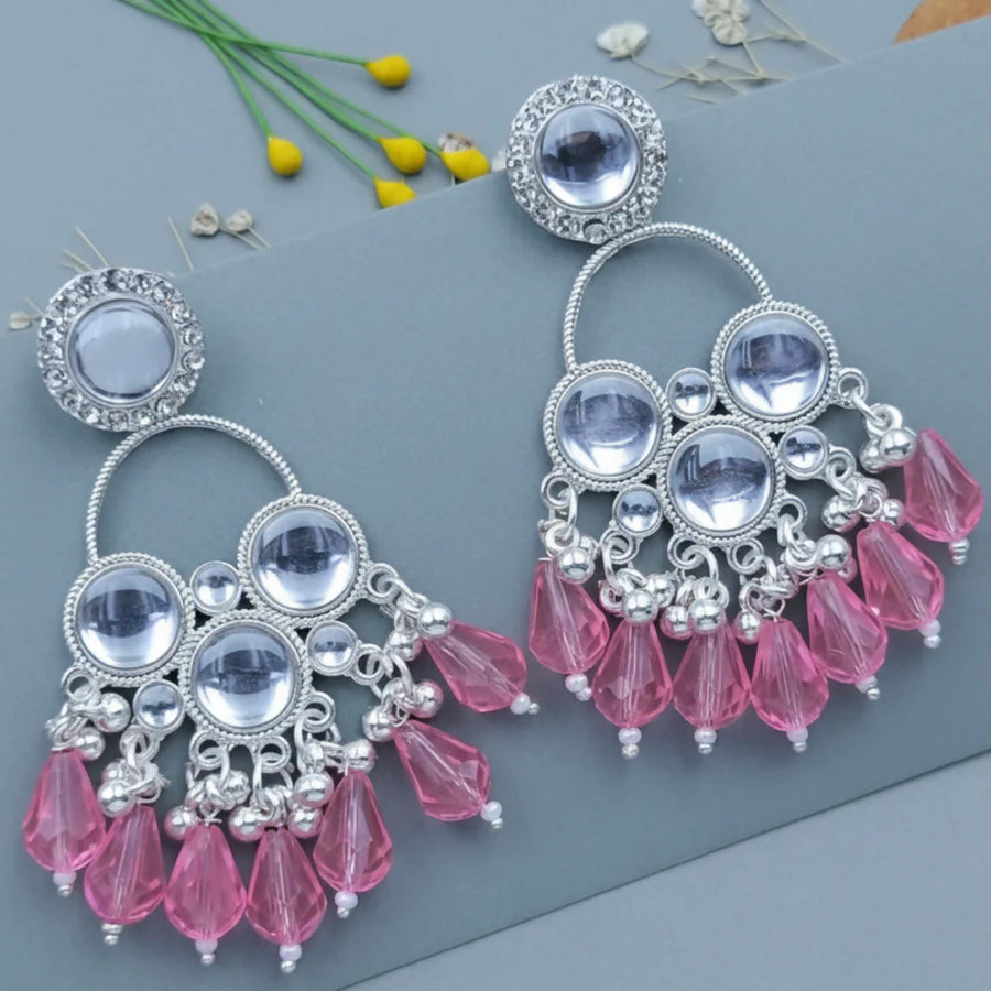 Silver Pink Crystal Drop Earrings NVR-0094