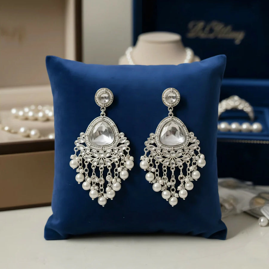 Still Water — Silver Polki Chandbali with Pearl Rain Drops NVR-0532