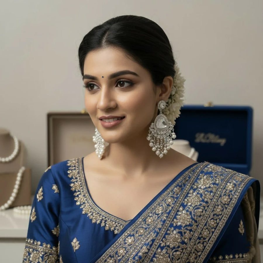 Still Water — Silver Polki Chandbali with Pearl Rain Drops NVR-0532