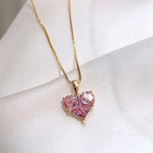 Rose in Crystal — Pink Heart Solitaire Necklace NVR-0537