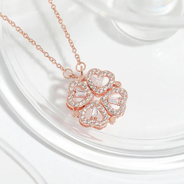 Lucky Four — Rose Gold Clover Heart Necklace with CZ NVR-0538