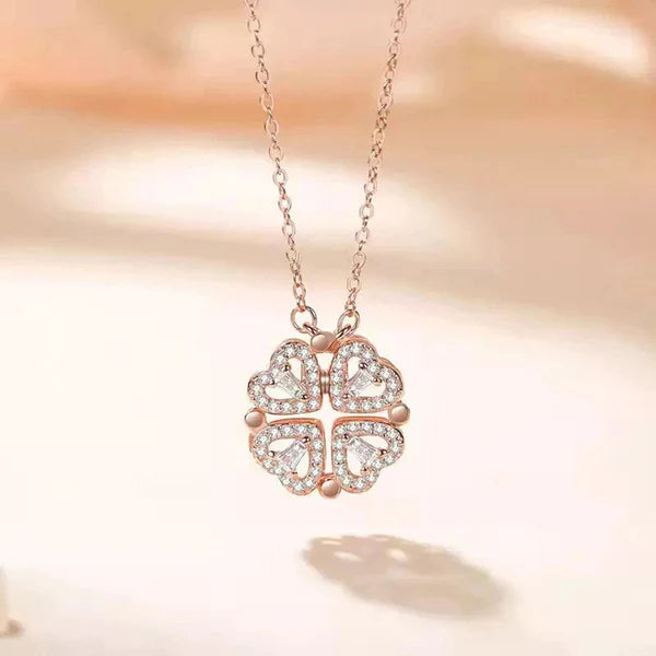 Lucky Four — Rose Gold Clover Heart Necklace with CZ NVR-0538