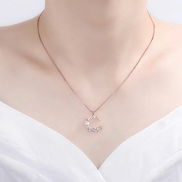 Moonlit Garden — Rose Gold Pearl & CZ Crescent Necklace NVR-0542