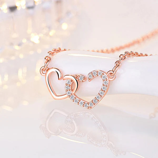 Two of Us — Rose Gold Double Heart Necklace with CZ NVR-0544