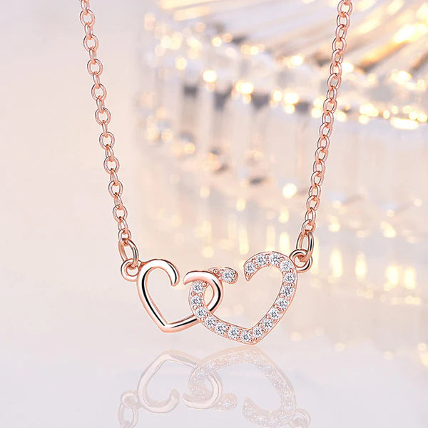 Two of Us — Rose Gold Double Heart Necklace with CZ NVR-0544