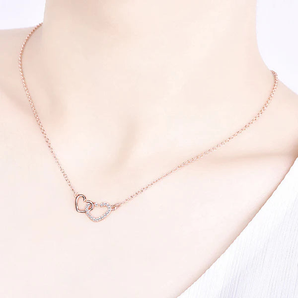 Two of Us — Rose Gold Double Heart Necklace with CZ NVR-0544