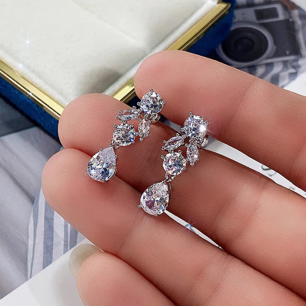 The Cascade — Silver CZ Leaf & Teardrop Drop Earrings NVR-0550