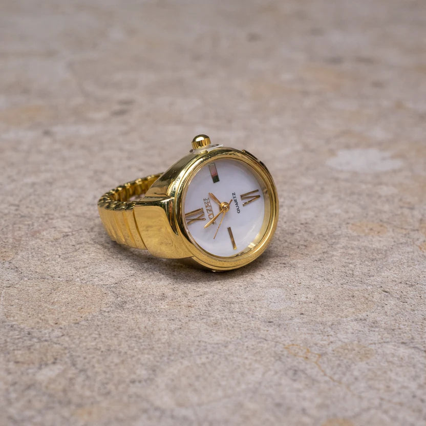 Pearl Enchantment – Delicate Gold Ring Watch with Pearl Bezel NVR-0430